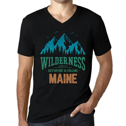 Men's Graphic T-Shirt V Neck Wilderness, Adventure Is Calling Maine Eco-Friendly Limited Edition Short Sleeve Tee-Shirt Vintage Birthday Gift Novelty