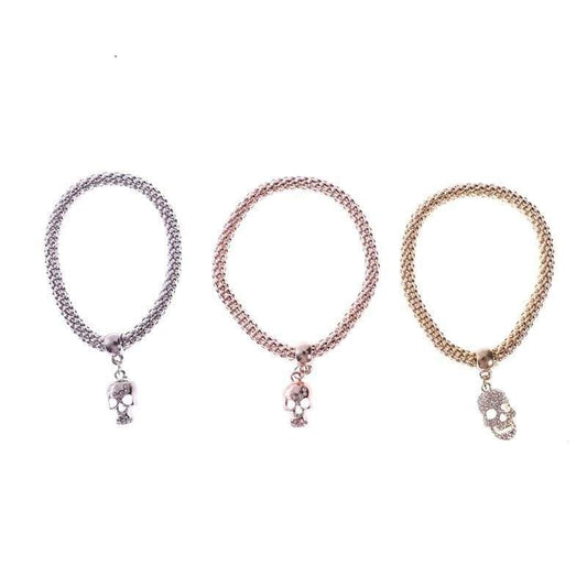 3PCS Women Bracelet Micro-inlay Elastic Popcorn Corn Chain Diamond Skull Heads Pendants Alloy Tricolor Bracelet Set - Ultrabasic