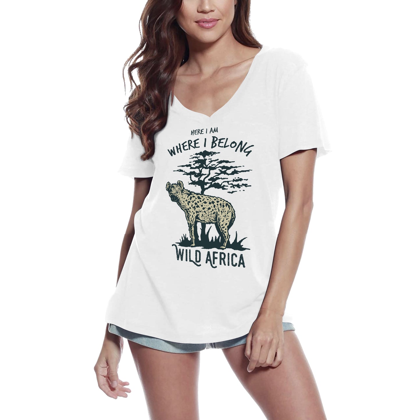 ULTRABASIC Graphic Women's V Neck T-Shirt Here I Am Where I Belong - Wild Hyena