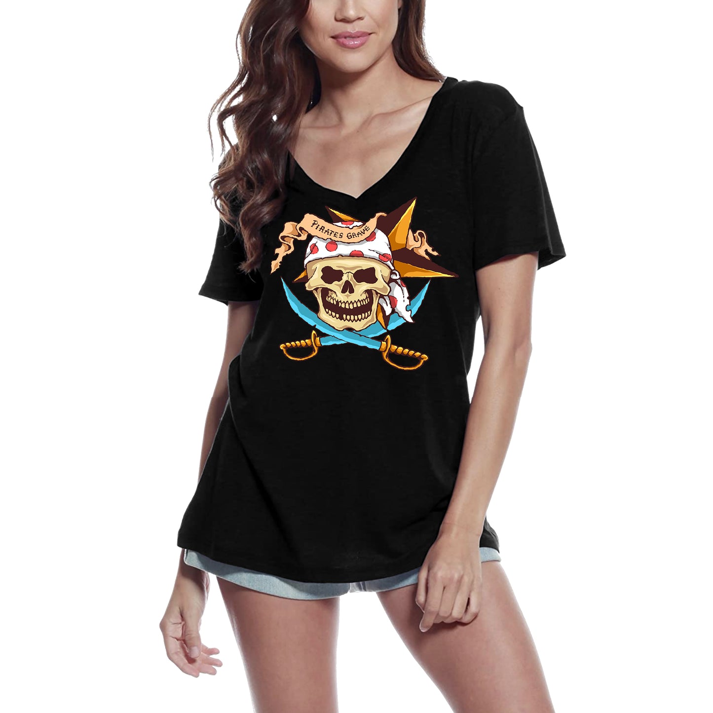 ULTRABASIC Women's V Neck T-Shirt Pirates Grave - Pirate Skull With Two Swords