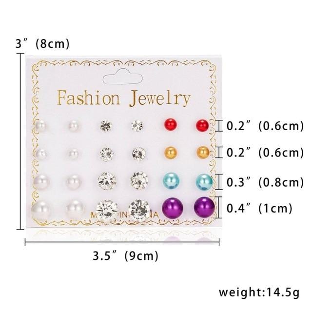 12 Pairs/set Stud Earrings Set With Card Transparent Zircon Balls Love Flowers Earrings Women Imulated Pearl Earrings Jewelry