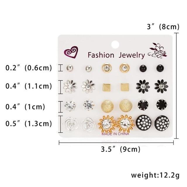 12 Pairs/set Stud Earrings Set With Card Transparent Zircon Balls Love Flowers Earrings Women Imulated Pearl Earrings Jewelry