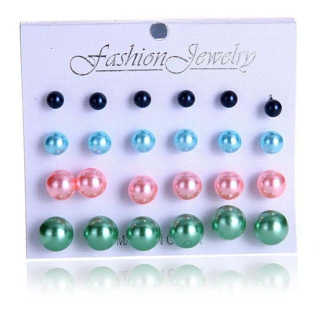 12 Pairs/set Stud Earrings Set With Card Transparent Zircon Balls Love Flowers Earrings Women Imulated Pearl Earrings Jewelry