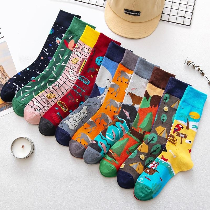 1Pair Male Crew Socks Men Casual Socks Cotton Unique Cartoon Animal Funny Cute Cool Unisex Socks Mid Length Asymmetric AB Socks