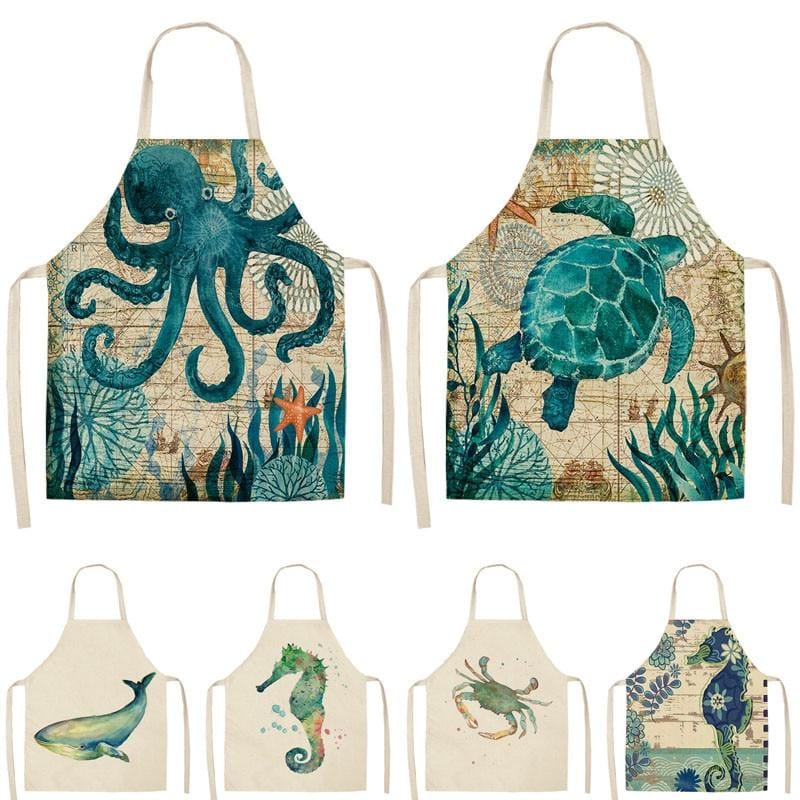 Marine Animals Printed Kitchen Aprons for Women Kids Sleeveless Cotton Linen Bibs Cooking Baking Cleaning Tools 53*65cm GT1299