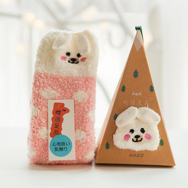 Cute Animal Design Deer Christmas socks Gift 3D Fluffy Coral Velvet Thick Warm Winter Sock For Women new Year gift Sox with Box