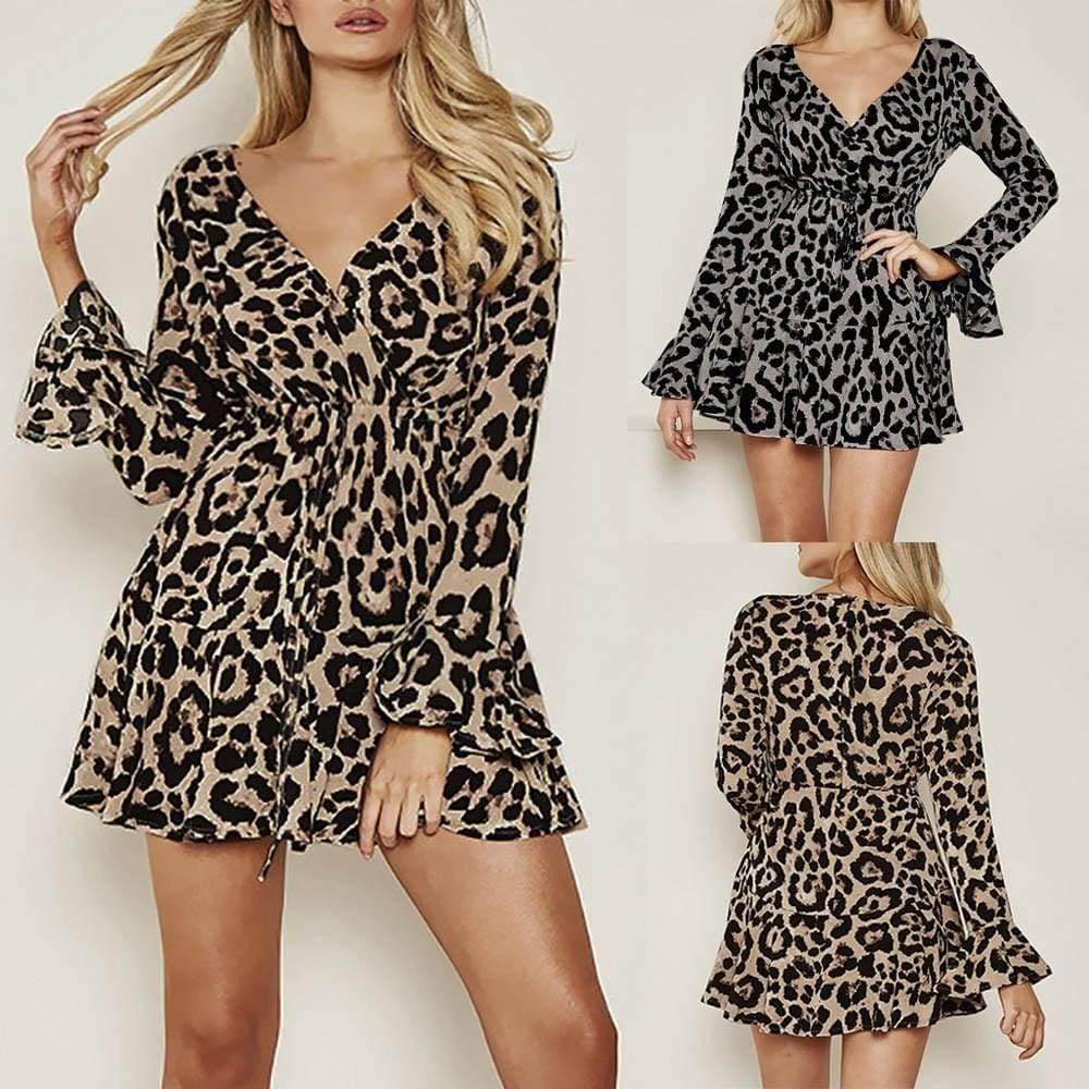 Womens Sexy Fashion Flare Sleeve Bow Bandage V-Neck Leopard Print Mini Dress - Ultrabasic